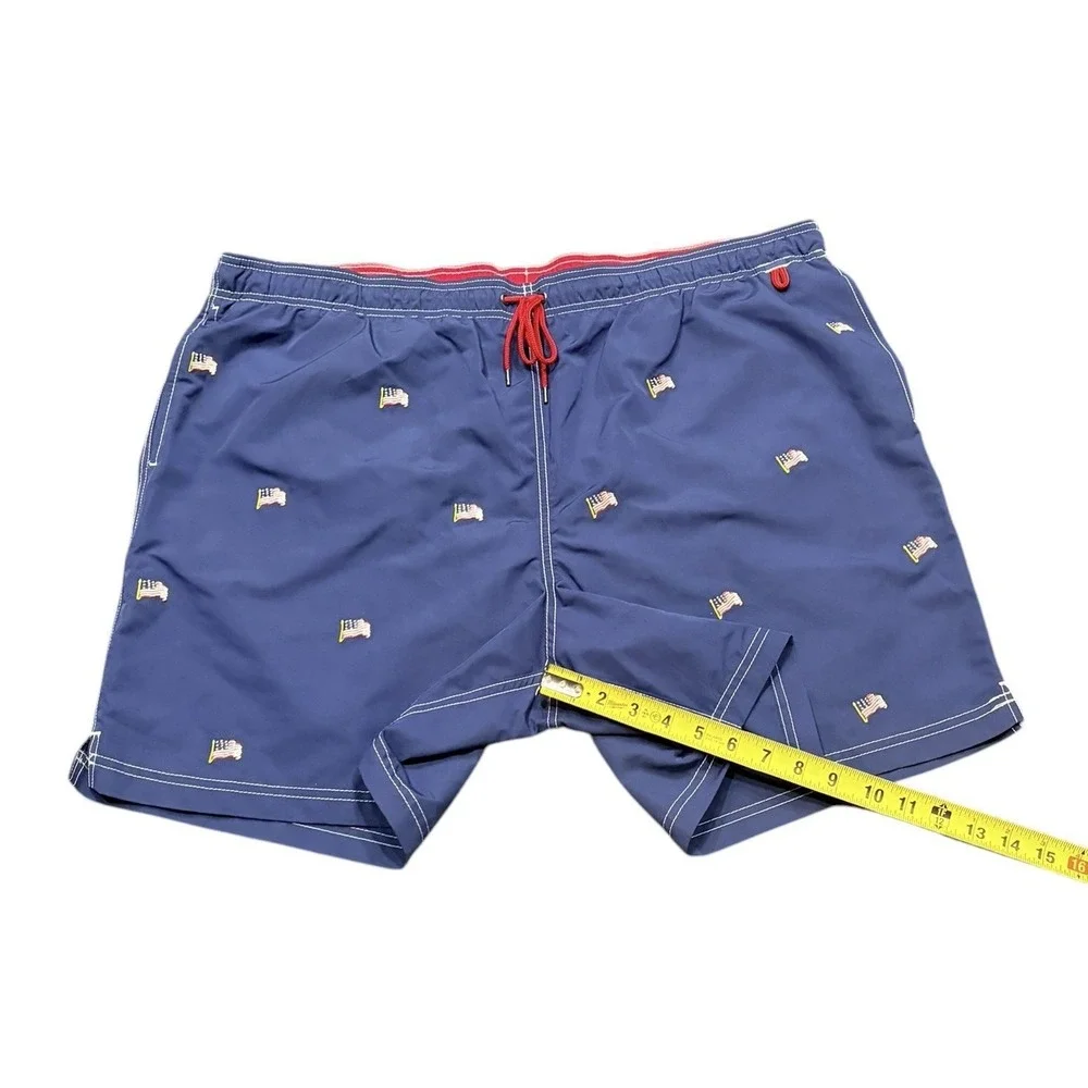 Lands End Swim Trunks Mens XXL Blue Embroidered Patriotic American Flags Lined